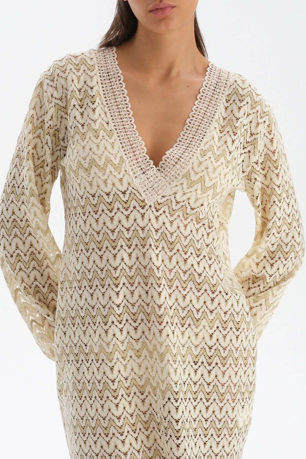 Ekru Uzun Kol Kısa Elbise