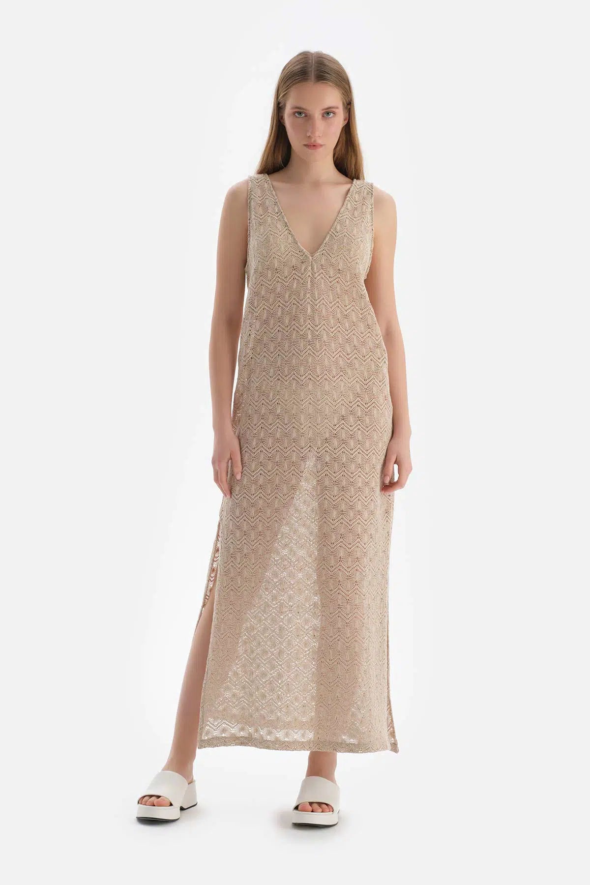 Ekru Askılı Elbise