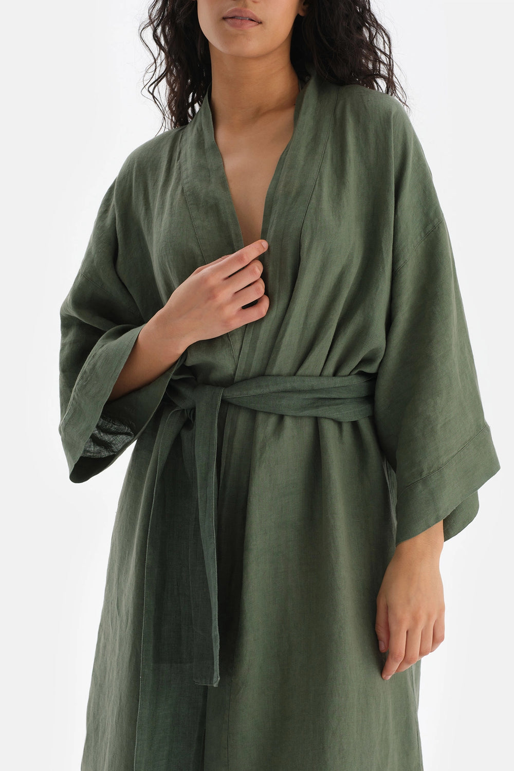 Yeşil Keten Uzun Kimono