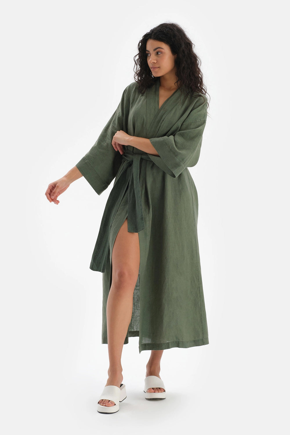 Yeşil Keten Uzun Kimono