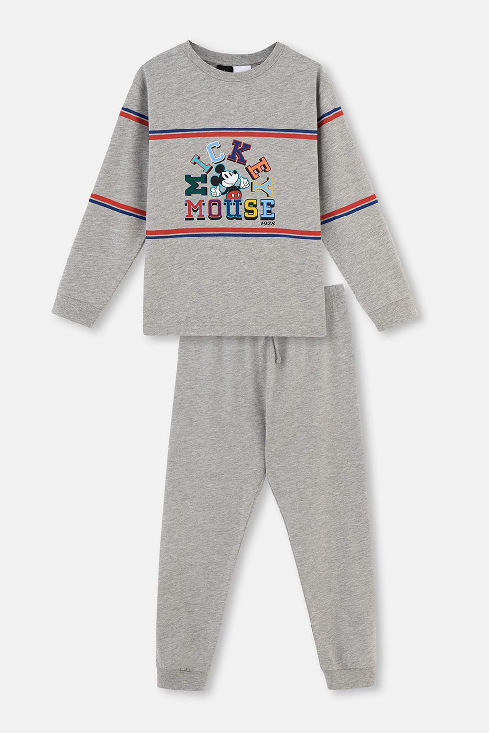 Gri Melanj Mıckey Mouse Lisanslı Bisiklet Yaka Uzun Kollu Pijama Takımı