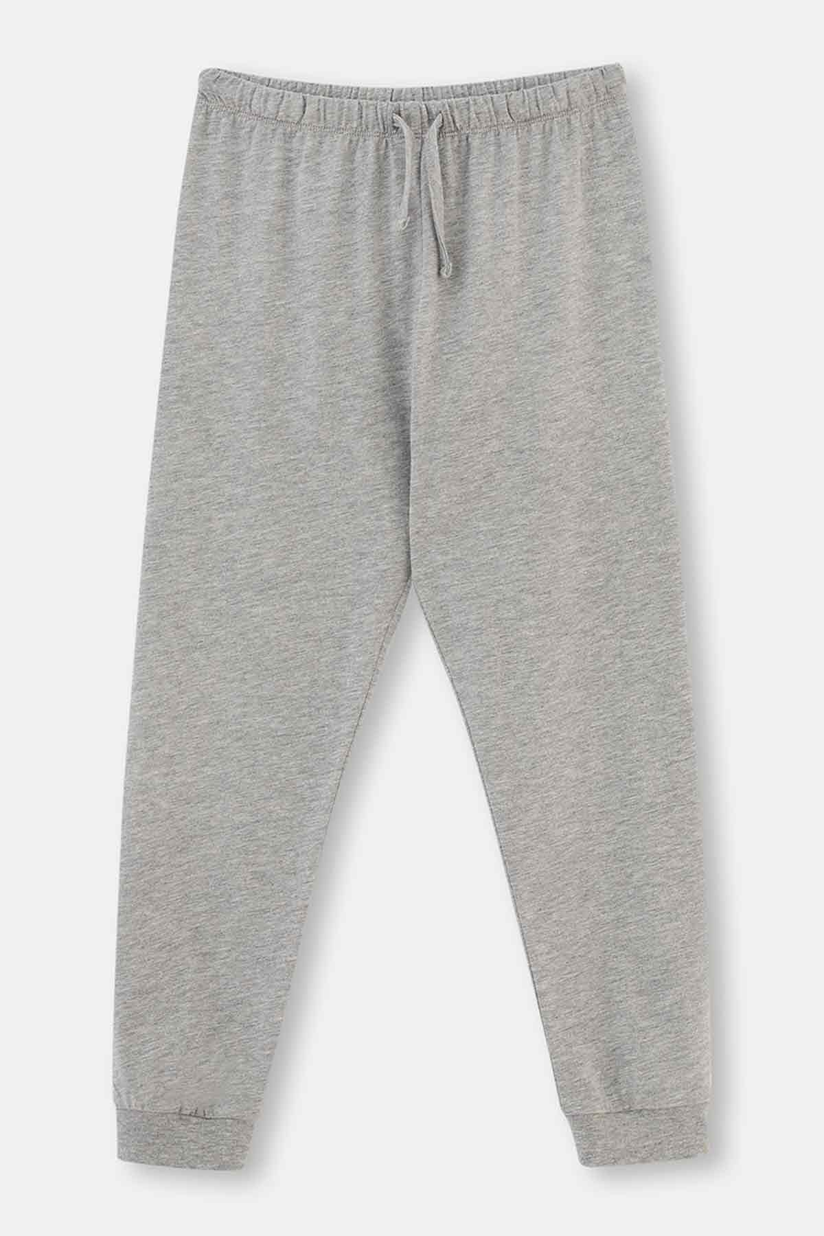 Gri Melanj Mıckey Mouse Lisanslı Bisiklet Yaka Uzun Kollu Pijama Takımı