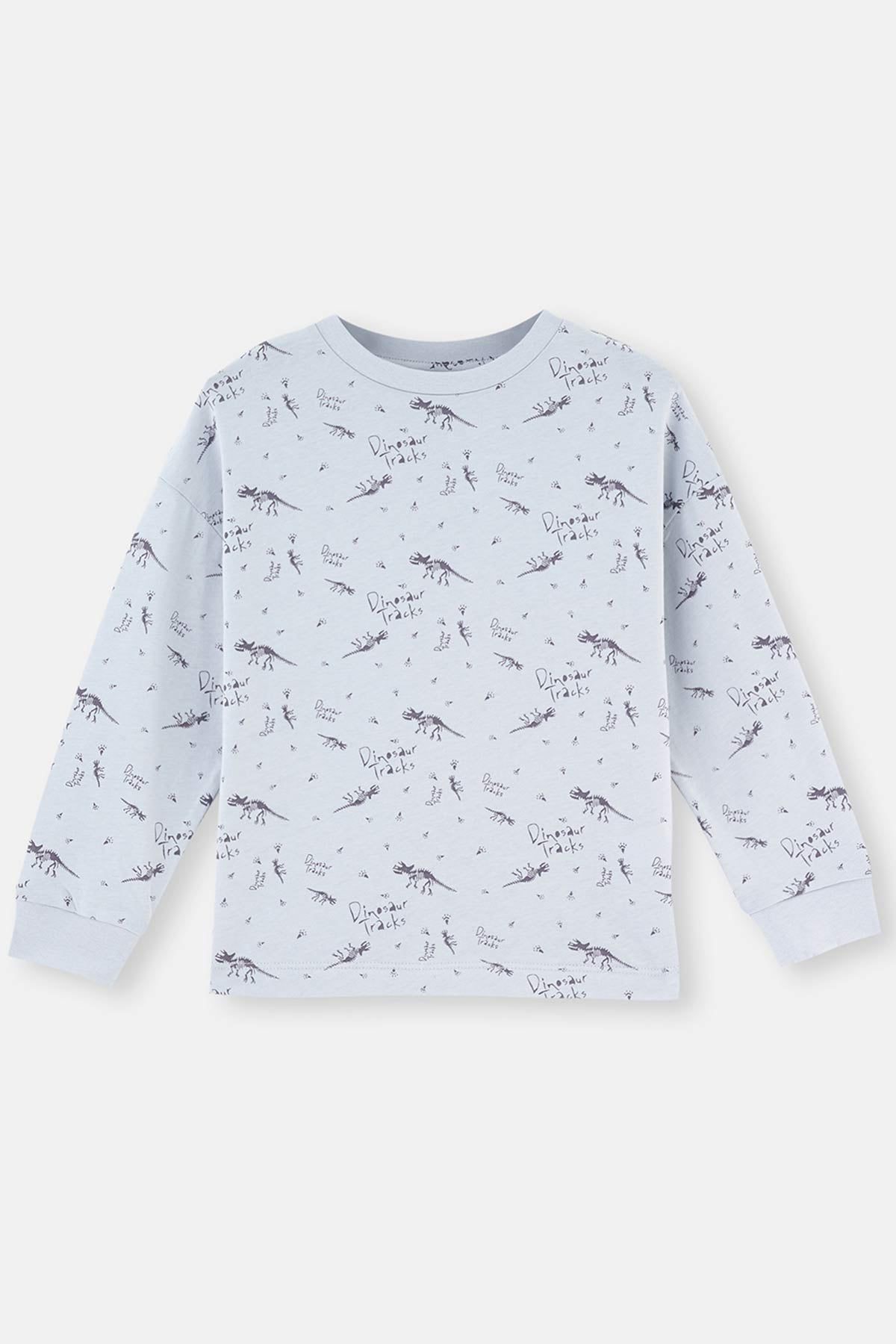 Mavi Dinozor Baskılı Uzun Kollu Pijama Takımı