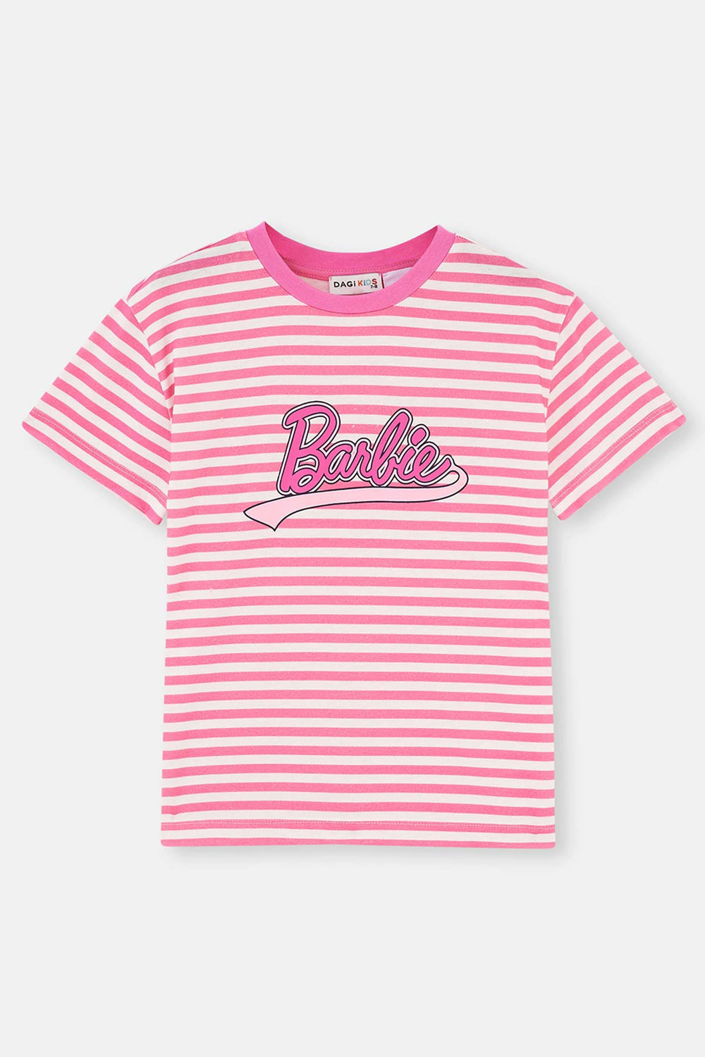 Pembe Barbie Baskılı Çizgili Kısa Kollu T-Shirt