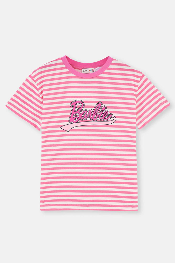 Pembe Barbie Baskılı Çizgili Kısa Kollu T-Shirt