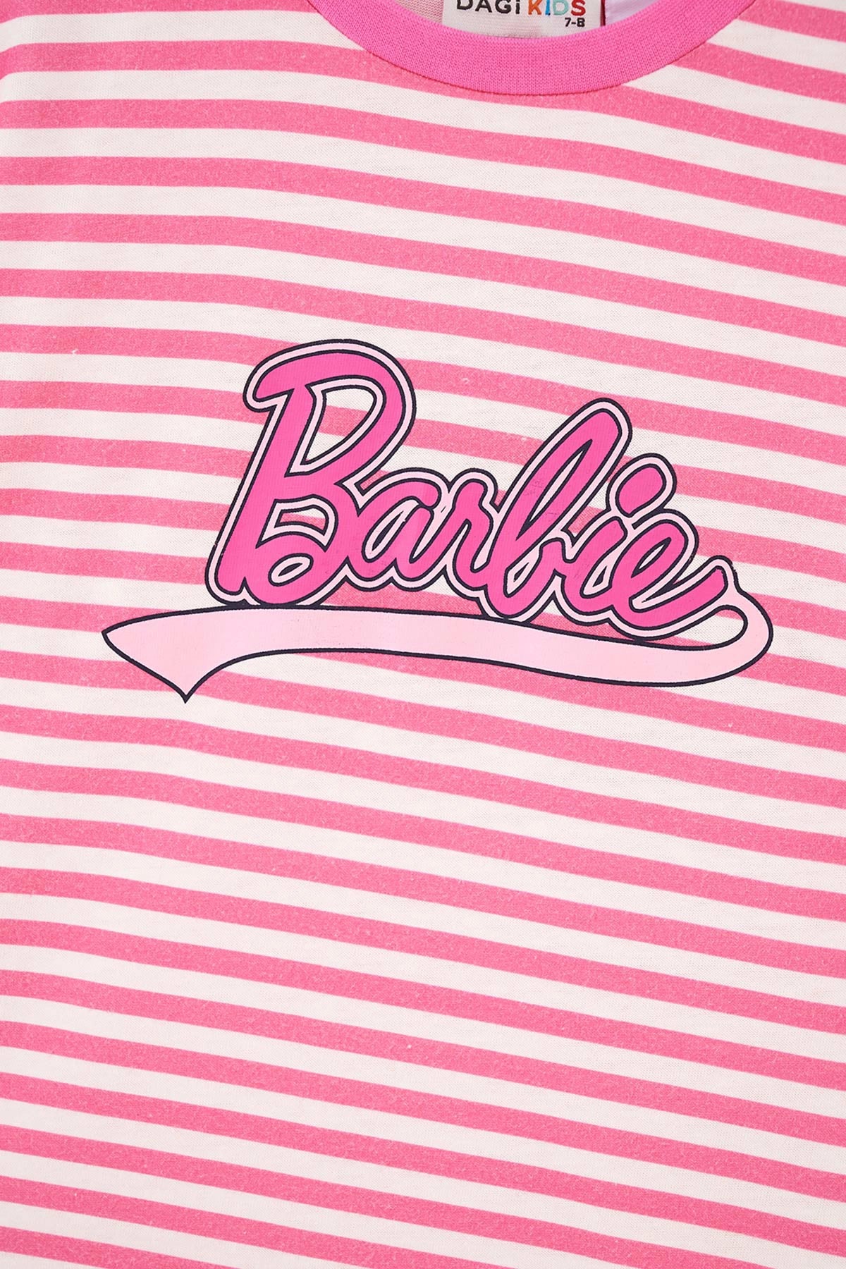 Pembe Barbie Baskılı Çizgili Kısa Kollu T-Shirt
