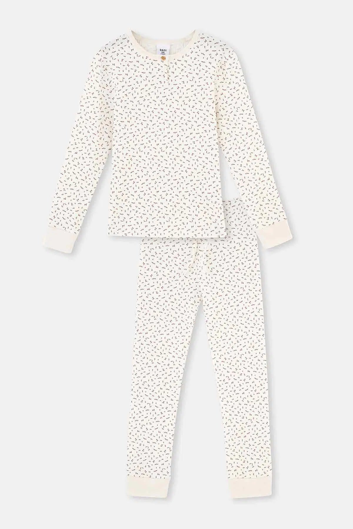 Ekru Metraj Baskılı Uzun Kollu Yarım Patlı Kaşkorse Pijama Takımı