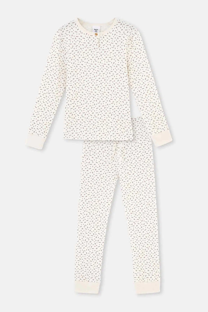 Ekru Metraj Baskılı Uzun Kollu Yarım Patlı Kaşkorse Pijama Takımı