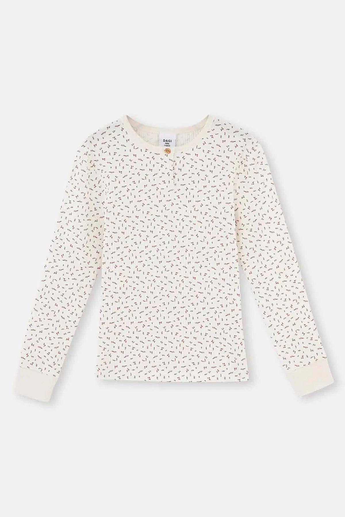 Ekru Metraj Baskılı Uzun Kollu Yarım Patlı Kaşkorse Pijama Takımı