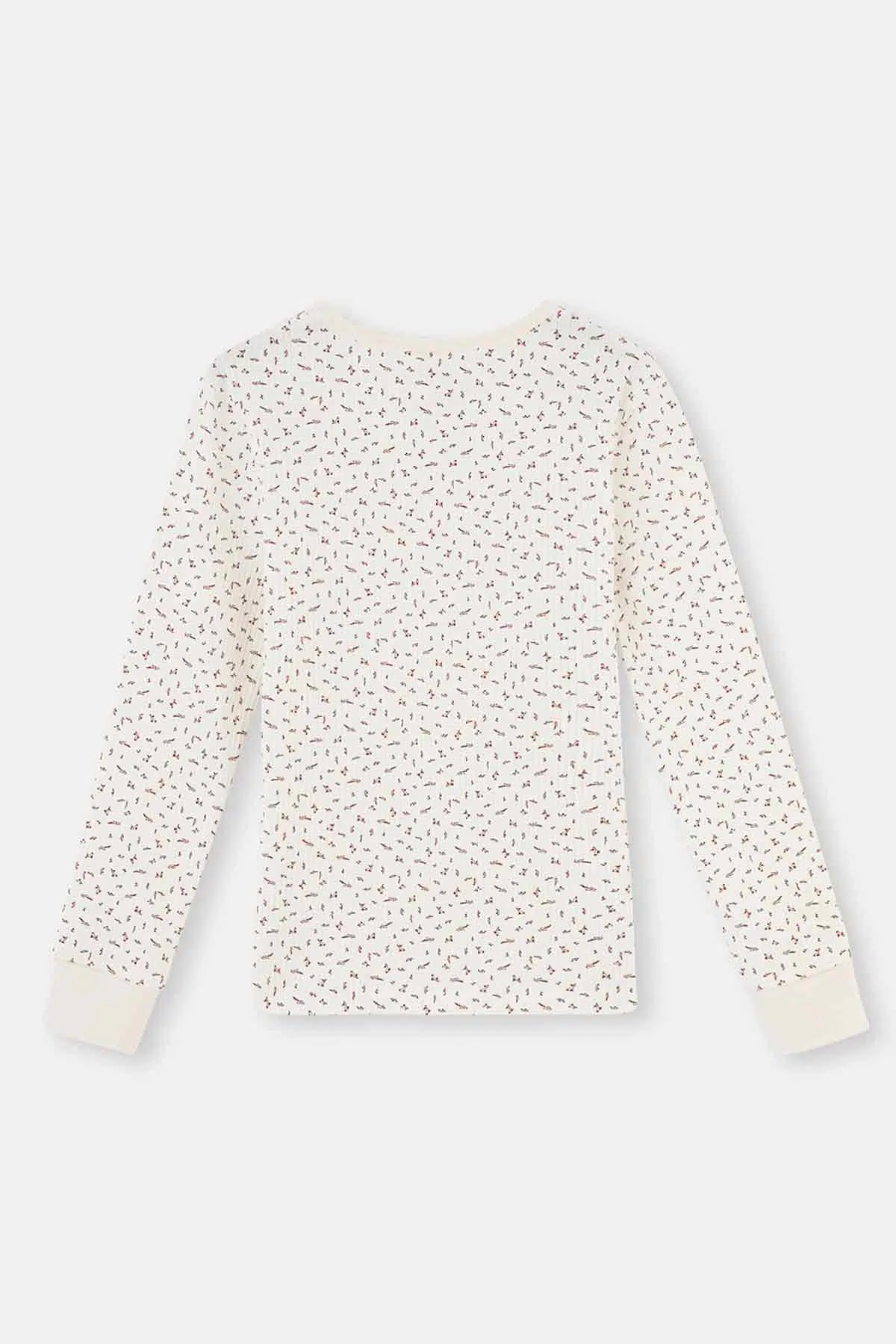 Ekru Metraj Baskılı Uzun Kollu Yarım Patlı Kaşkorse Pijama Takımı