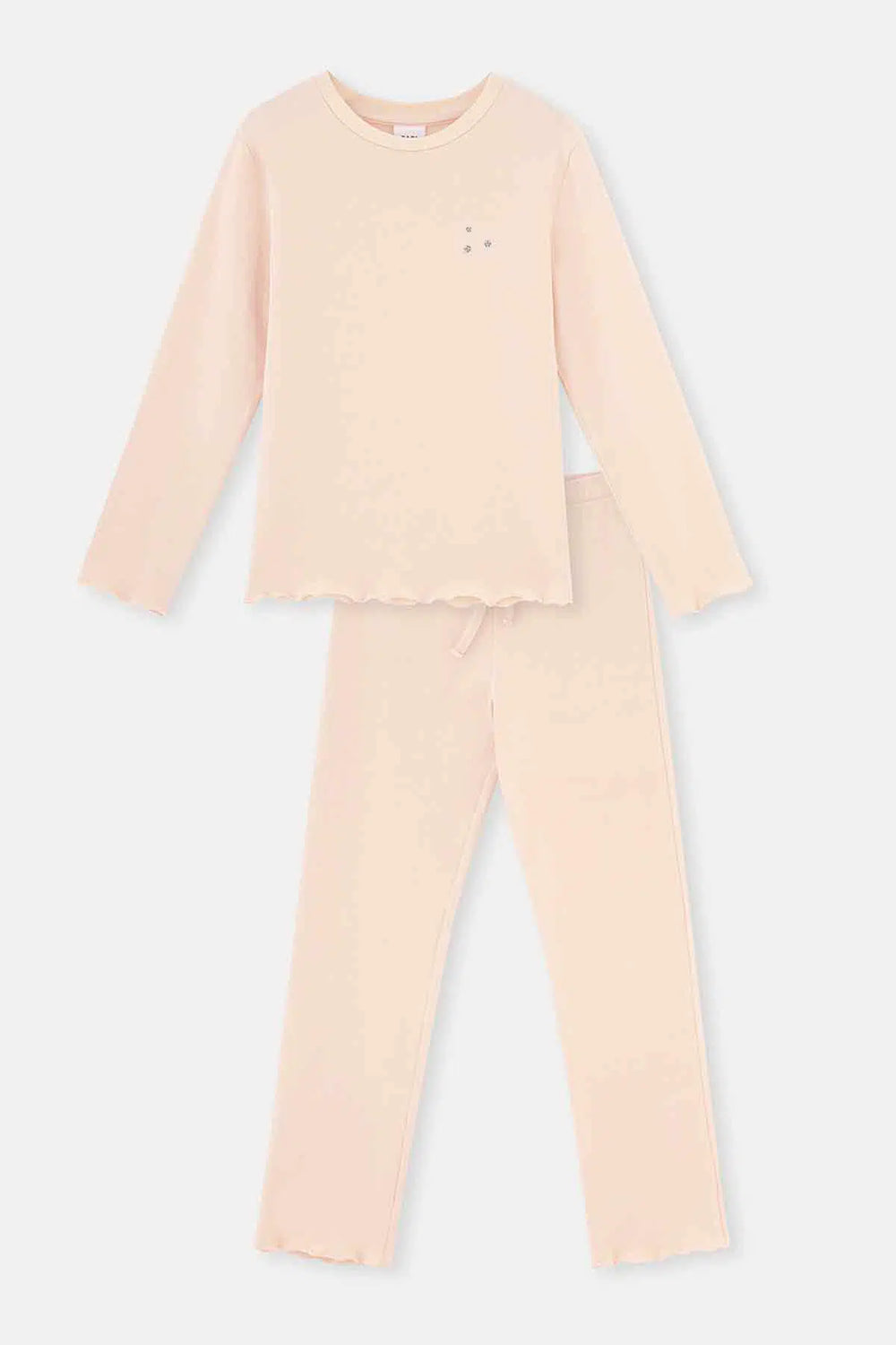 Pudra Çiçek Baskı Detaylı Uzun Kollu Bisiklet Yaka Pijama Takımı