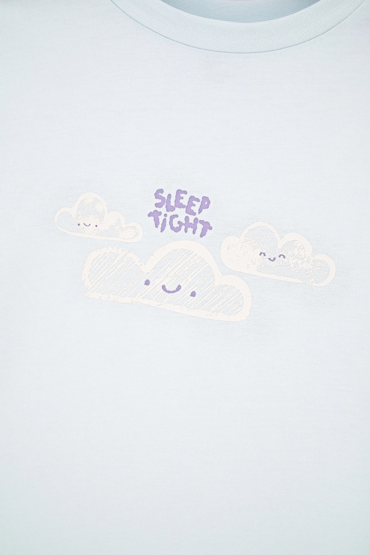 Açık Mavi Baskı Detaylı Uzun Kollu Bisiklet Yaka Pijama Takımı