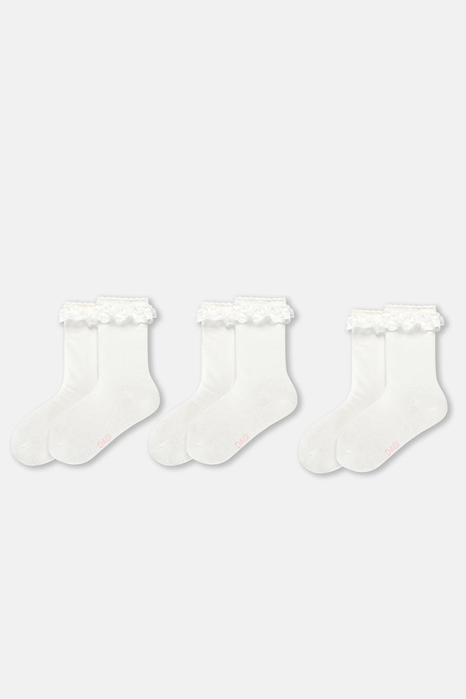 Ekru Kız Çocuk 3'Lü Dantelli Çorap