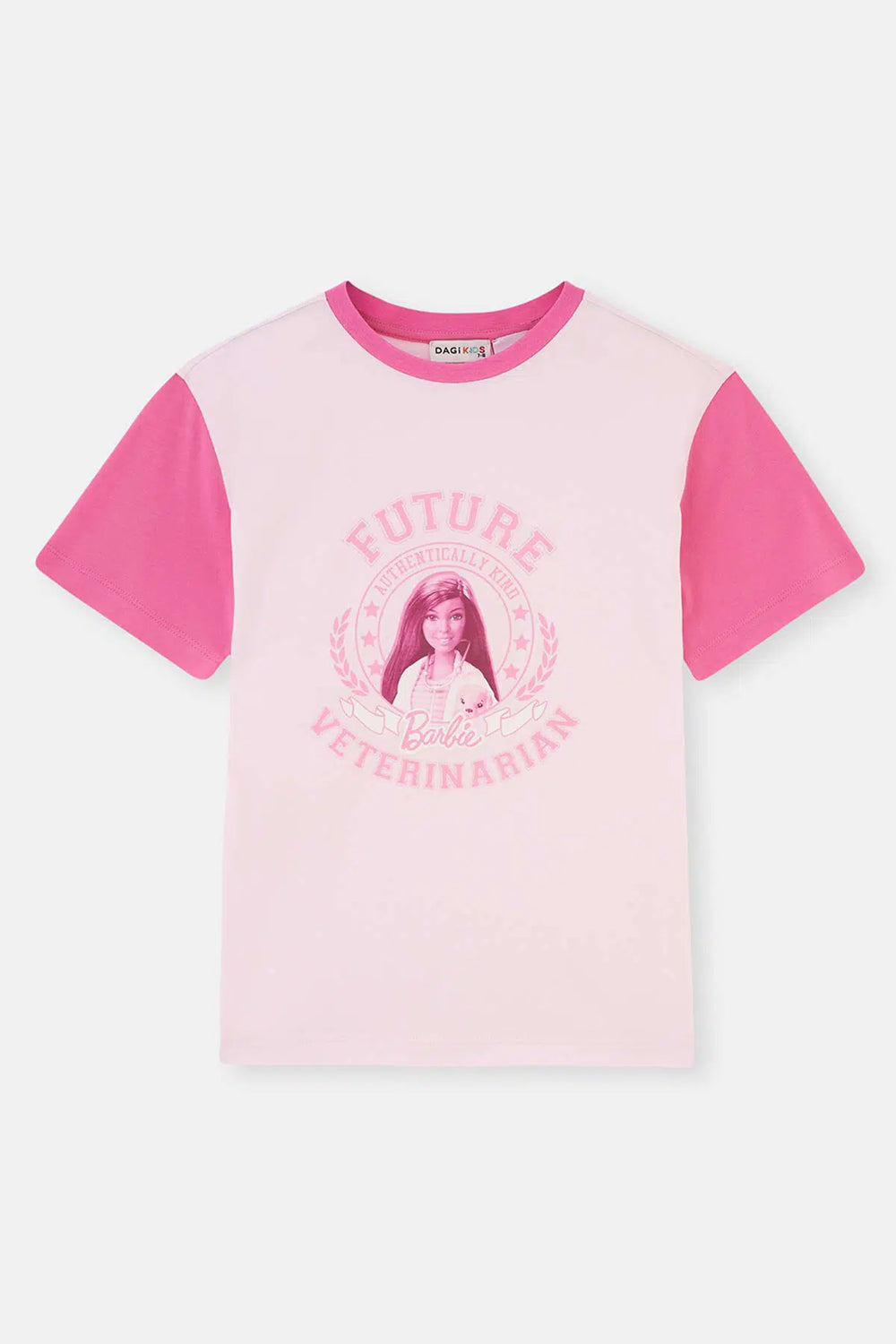 Pembe Barbie Lisans Baskılı Kısa Kollu Bisiklet Yaka T-Shirt