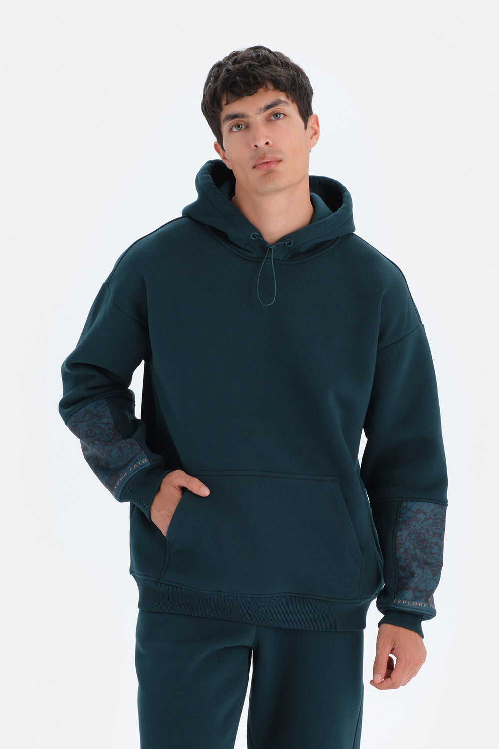 Koyu Yeşil Dagi Active Koyu Kapüşonlu Kol Garnili Sweatshirt