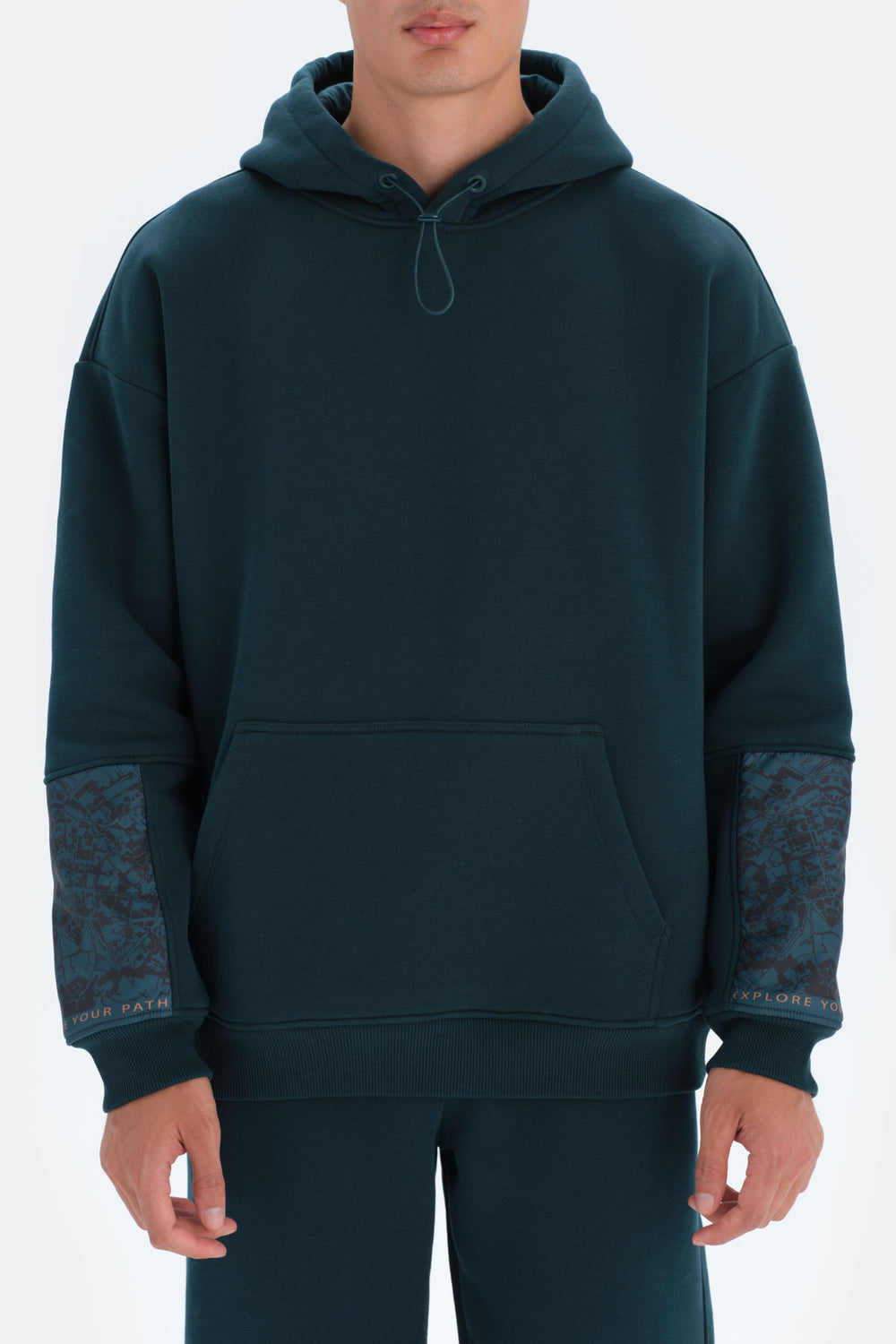 Koyu Yeşil Dagi Active Koyu Kapüşonlu Kol Garnili Sweatshirt