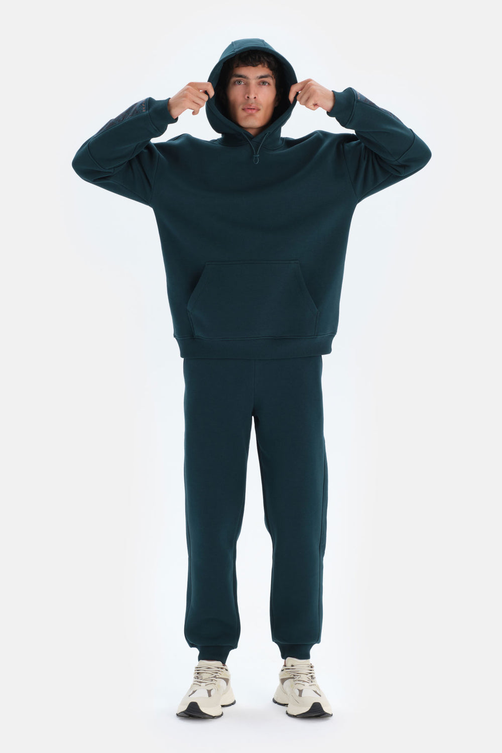 Koyu Yeşil Dagi Active Koyu Kapüşonlu Kol Garnili Sweatshirt
