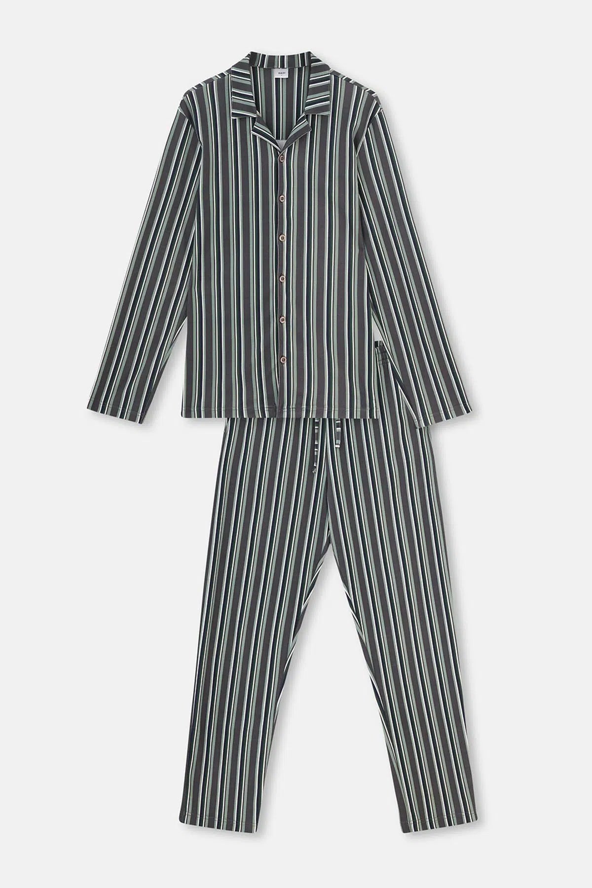 Füme Gömlek Yaka Çizgili Pamuk Modal Pijama Takımı