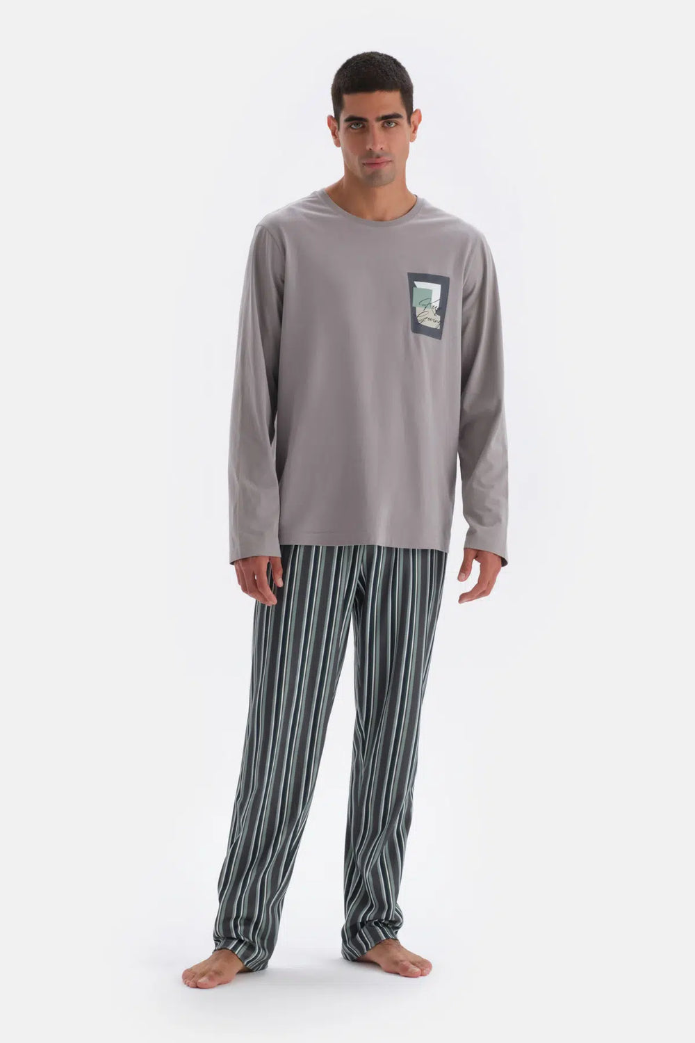 Açık Gri Uzun Kol Baskı Detaylı Pamuk Modal Pijama Takımı