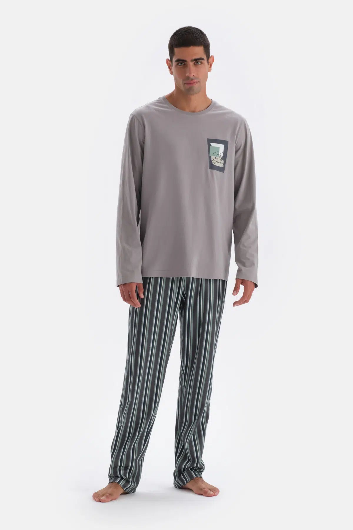 Açık Gri Uzun Kol Baskı Detaylı Pamuk Modal Pijama Takımı