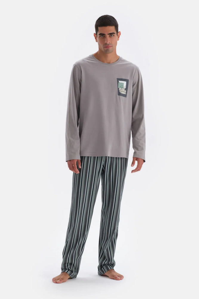 Açık Gri Uzun Kol Baskı Detaylı Pamuk Modal Pijama Takımı