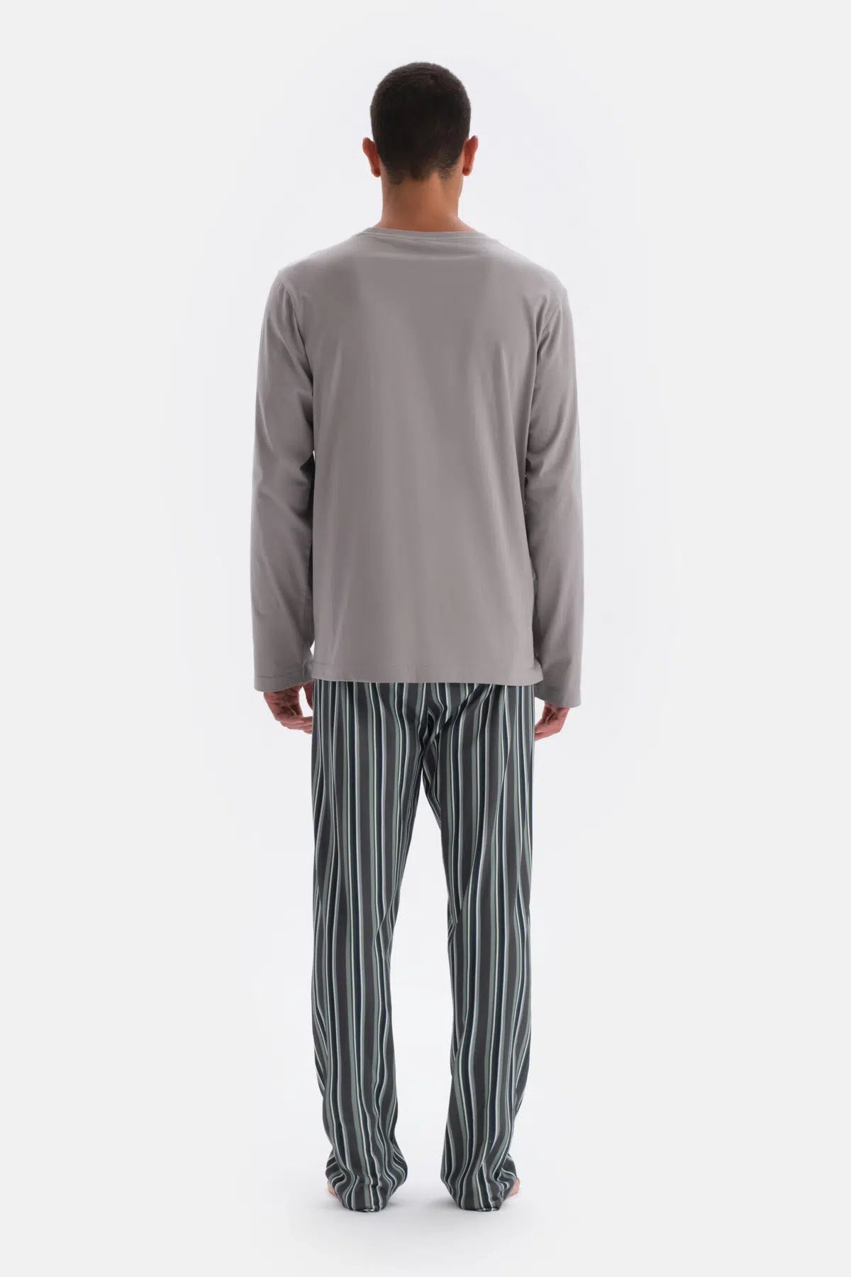 Açık Gri Uzun Kol Baskı Detaylı Pamuk Modal Pijama Takımı