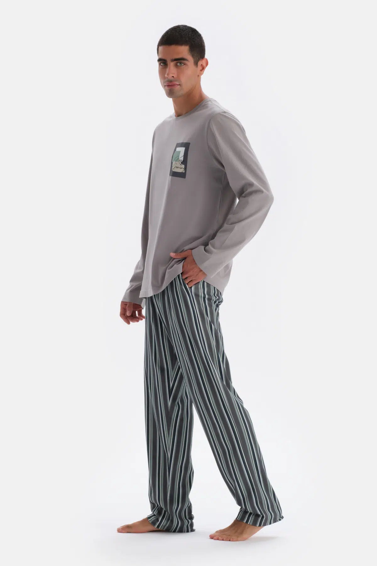 Açık Gri Uzun Kol Baskı Detaylı Pamuk Modal Pijama Takımı