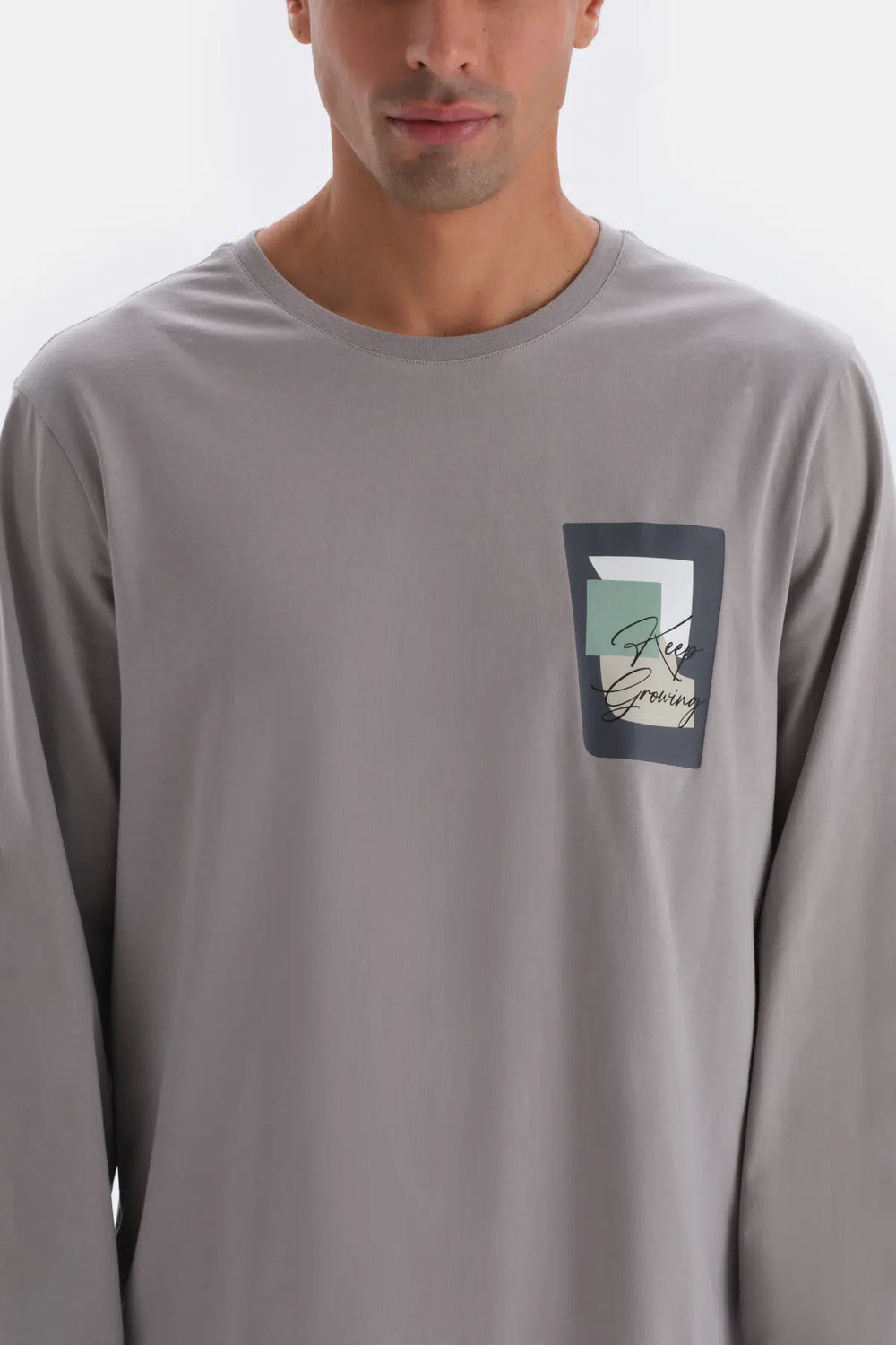 Açık Gri Uzun Kol Baskı Detaylı Pamuk Modal Pijama Takımı