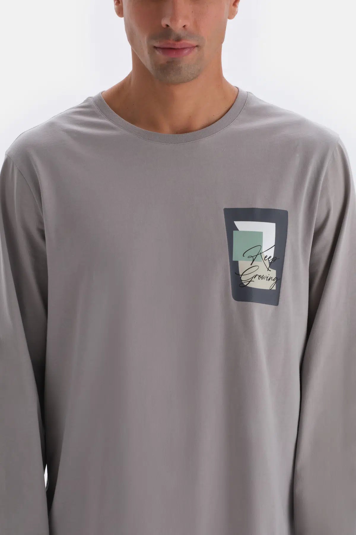 Açık Gri Uzun Kol Baskı Detaylı Pamuk Modal Pijama Takımı