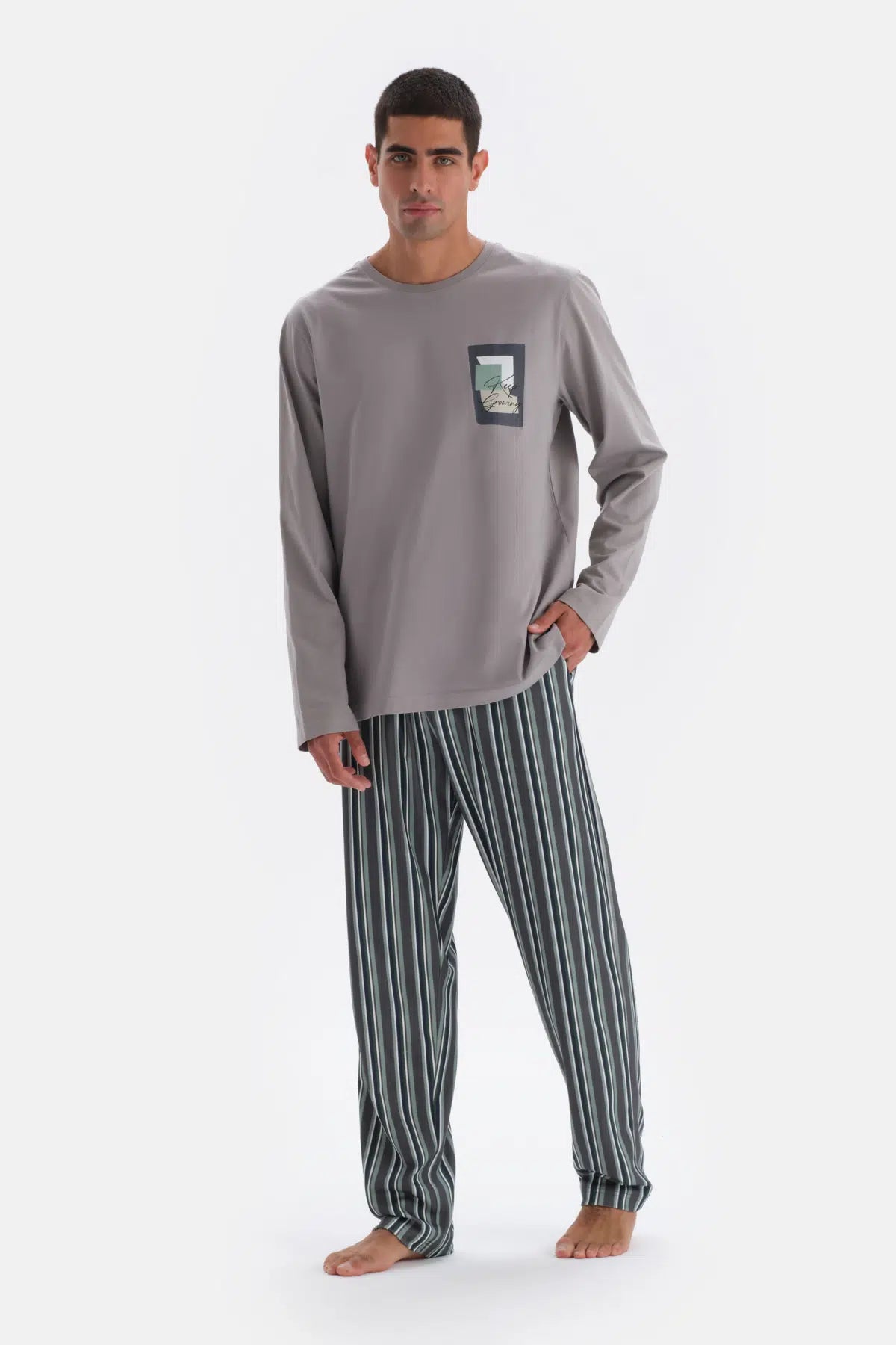 Açık Gri Uzun Kol Baskı Detaylı Pamuk Modal Pijama Takımı