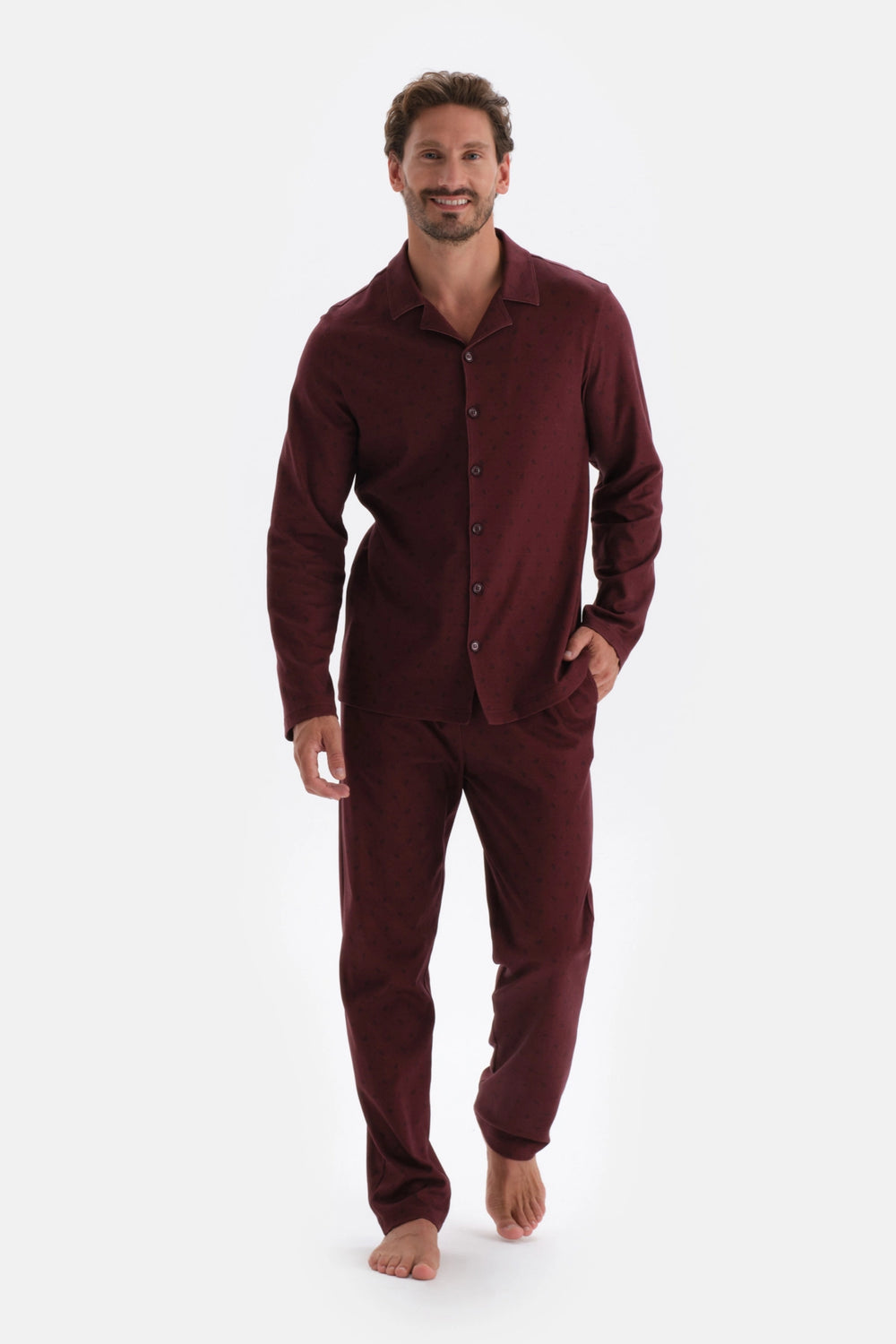 Bordo Mıkroprınt Metraj Baskılı Pamuklu Pijama Takımı