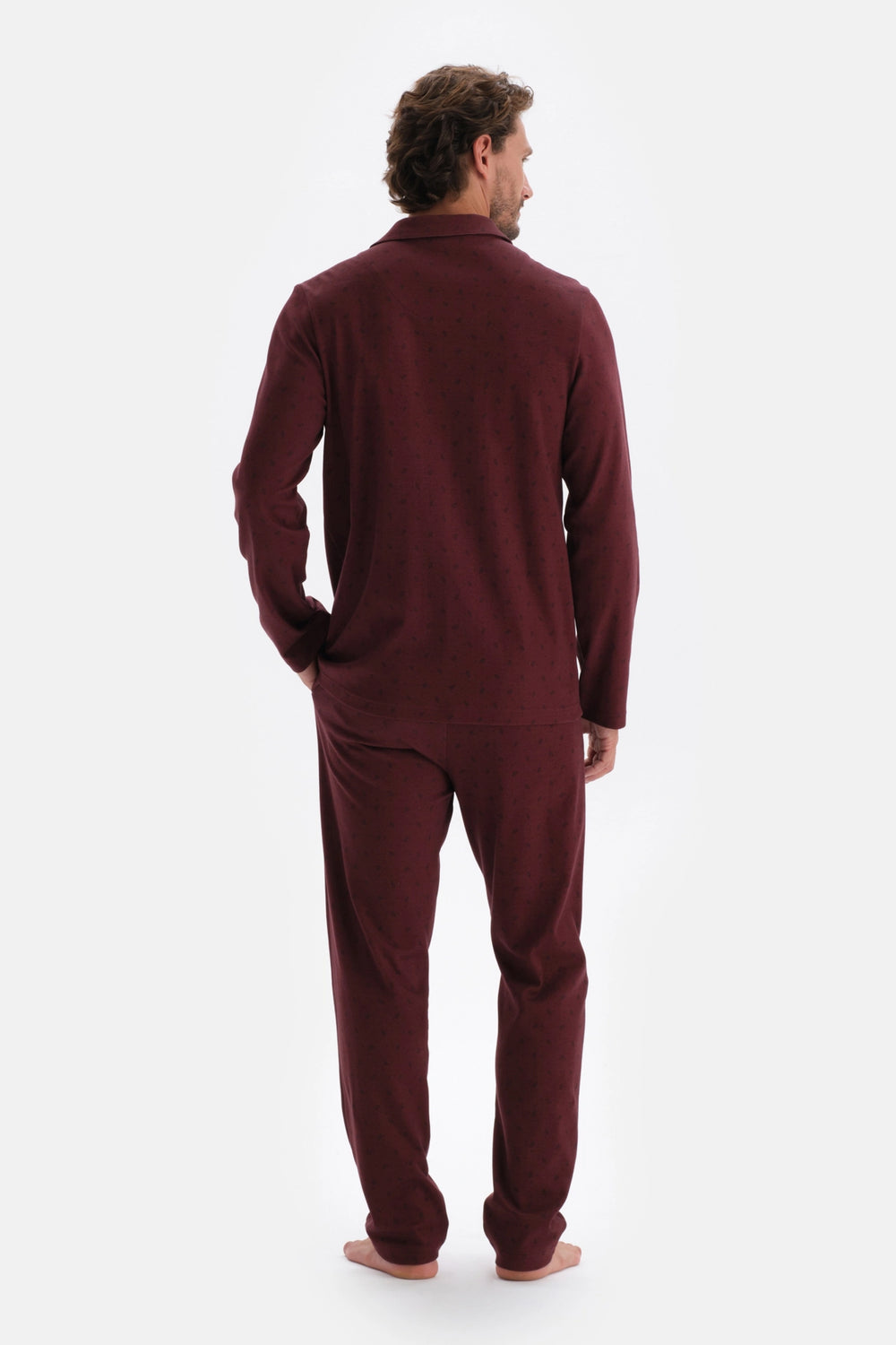 Bordo Mıkroprınt Metraj Baskılı Pamuklu Pijama Takımı