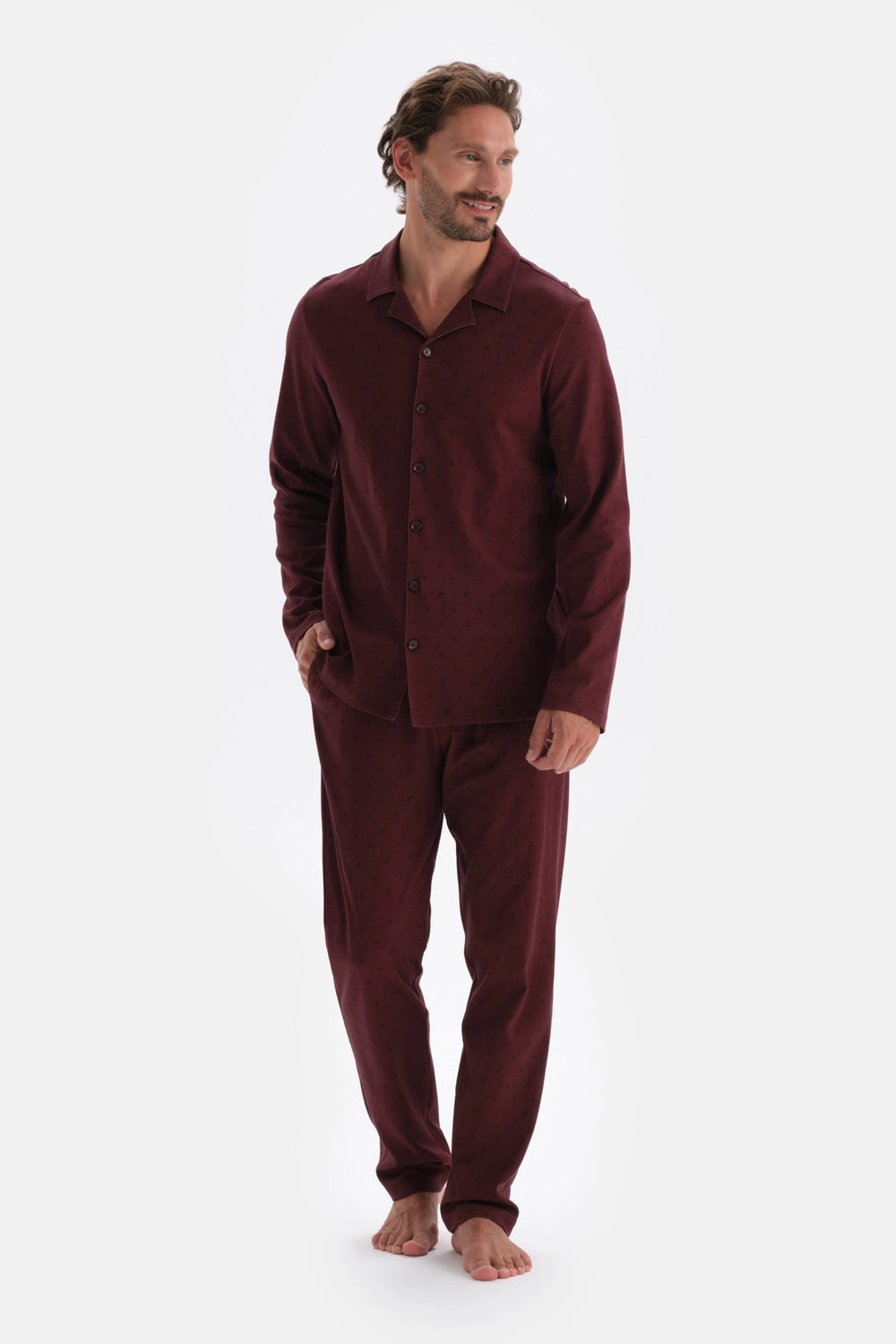 Bordo Mıkroprınt Metraj Baskılı Pamuklu Pijama Takımı