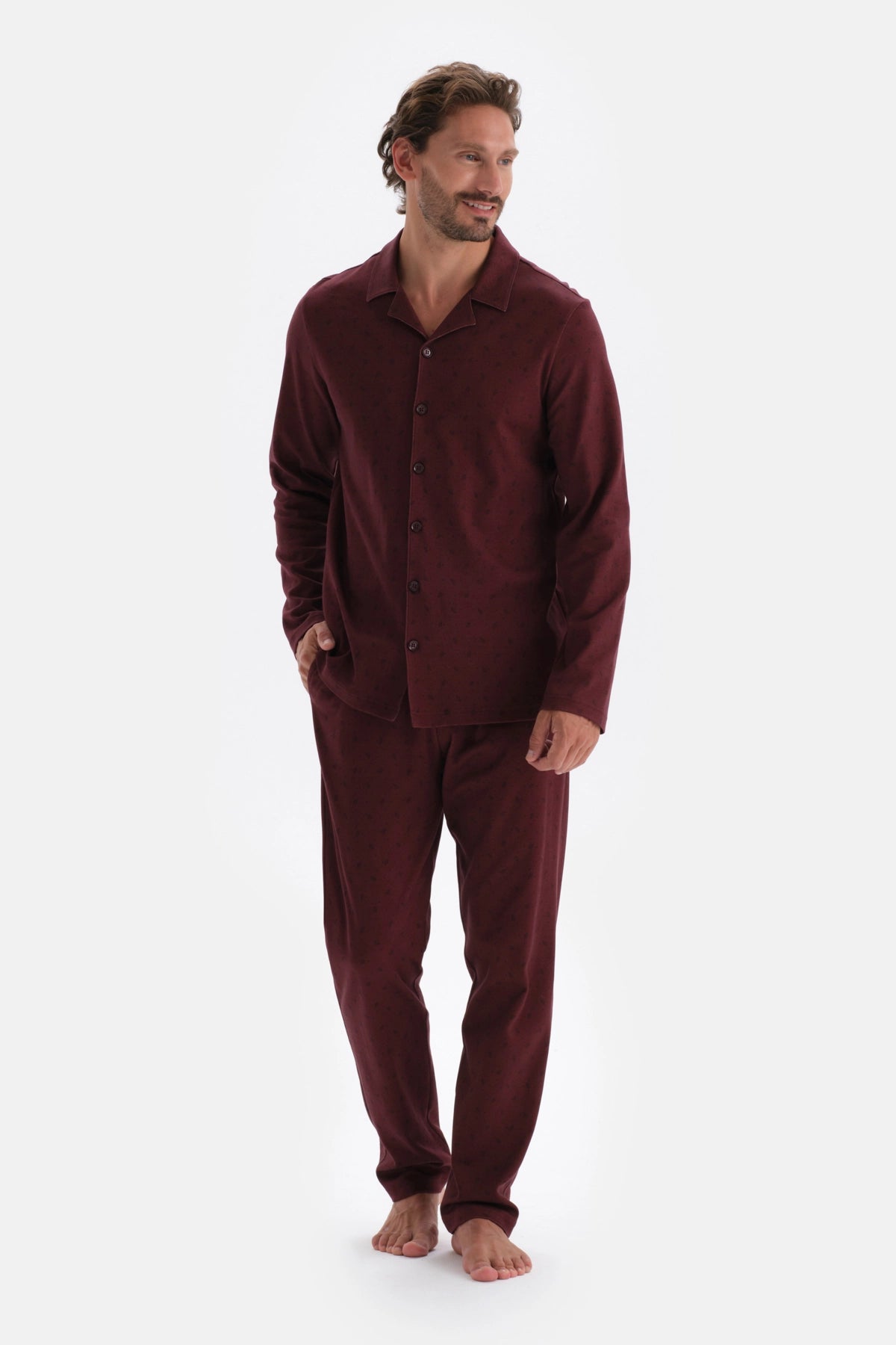 Bordo Mıkroprınt Metraj Baskılı Pamuklu Pijama Takımı