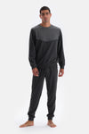Antrasit Melanj Bisiklet Yaka Uzun Kollu Örme Pijama Takımı