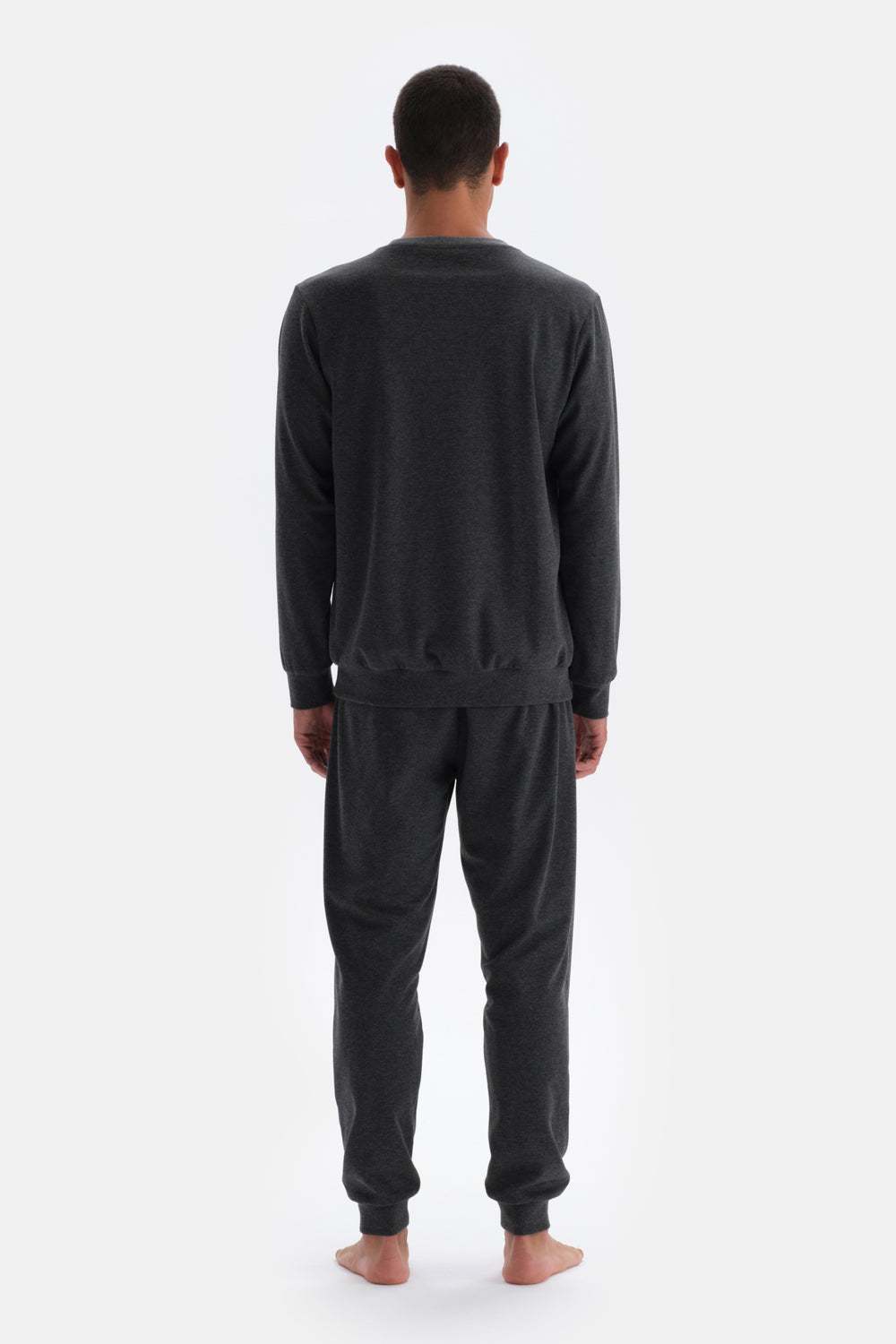 Antrasit Melanj Bisiklet Yaka Uzun Kollu Örme Pijama Takımı
