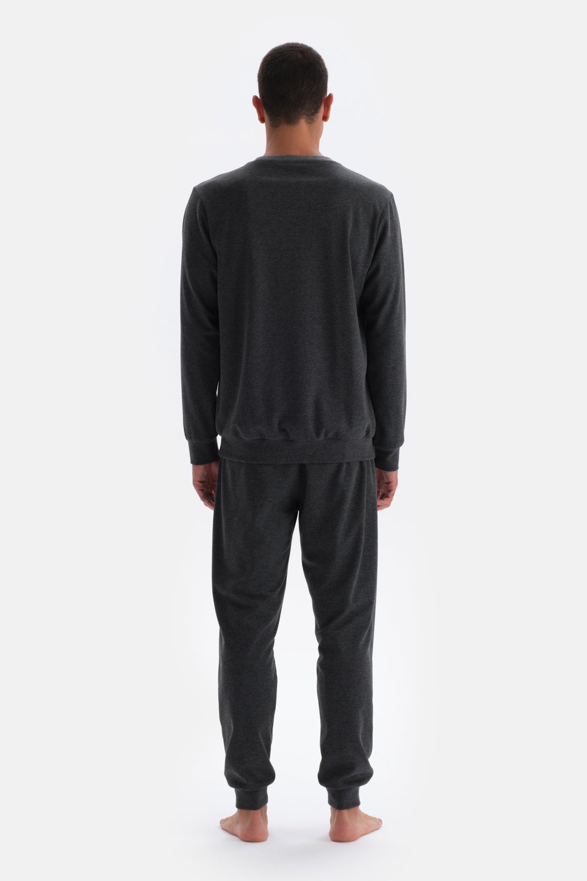 Antrasit Melanj Bisiklet Yaka Uzun Kollu Örme Pijama Takımı
