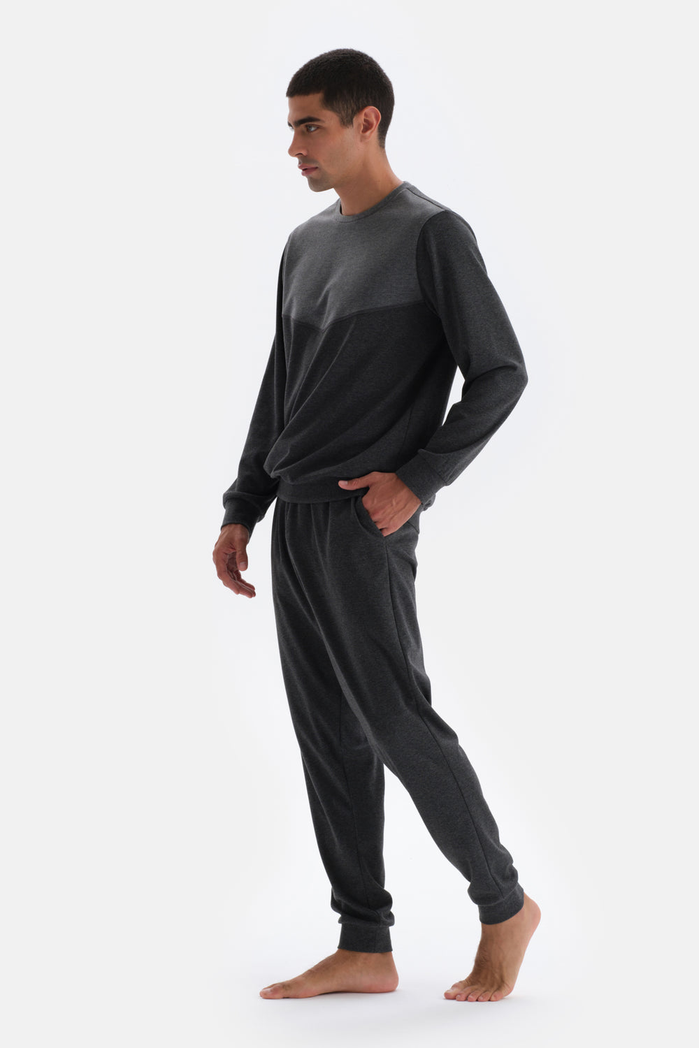 Antrasit Melanj Bisiklet Yaka Uzun Kollu Örme Pijama Takımı