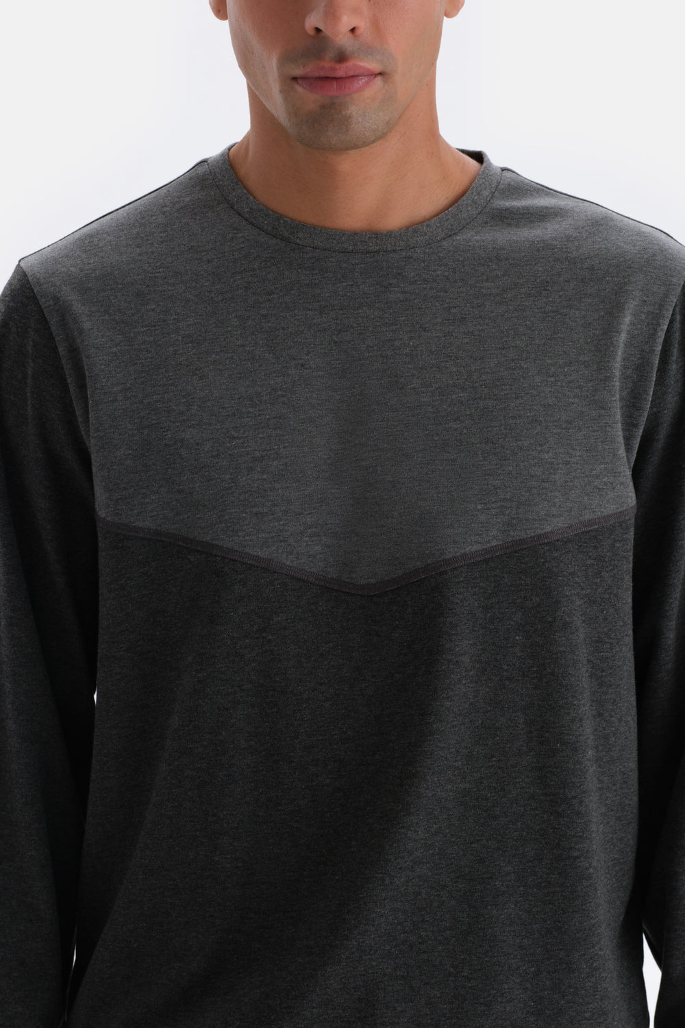 Antrasit Melanj Bisiklet Yaka Uzun Kollu Örme Pijama Takımı