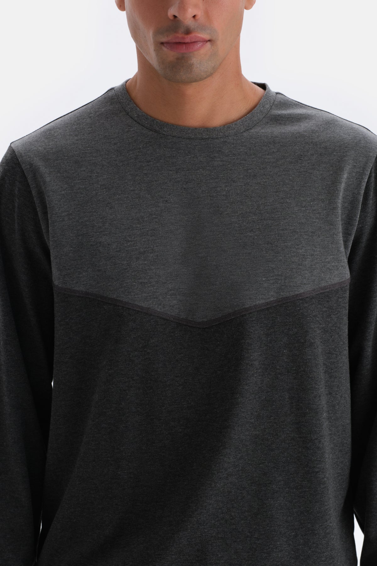 Antrasit Melanj Bisiklet Yaka Uzun Kollu Örme Pijama Takımı