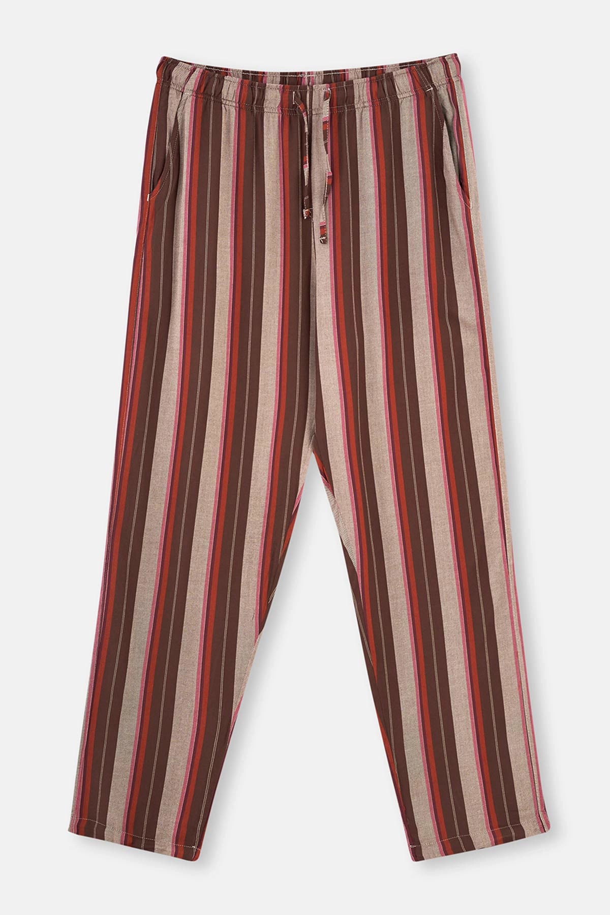 Bej V Yaka Uzun Kollu Altı Dokuma Pijama Takımı