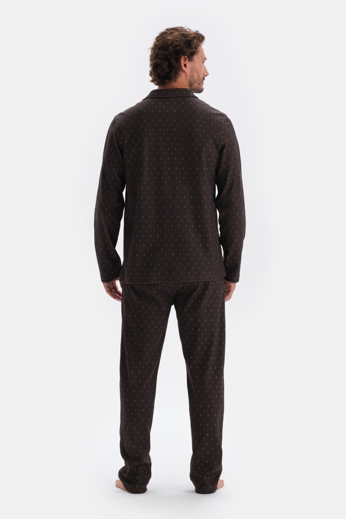 Koyu Kahve Mikroprint Baskılı Interlok Gömlek Pijama Takımı