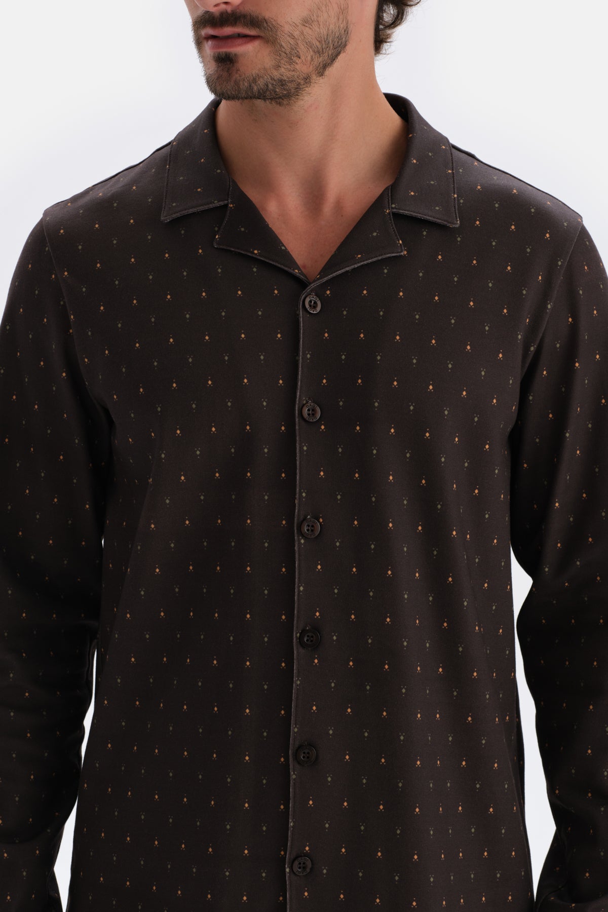 Koyu Kahve Mikroprint Baskılı Interlok Gömlek Pijama Takımı