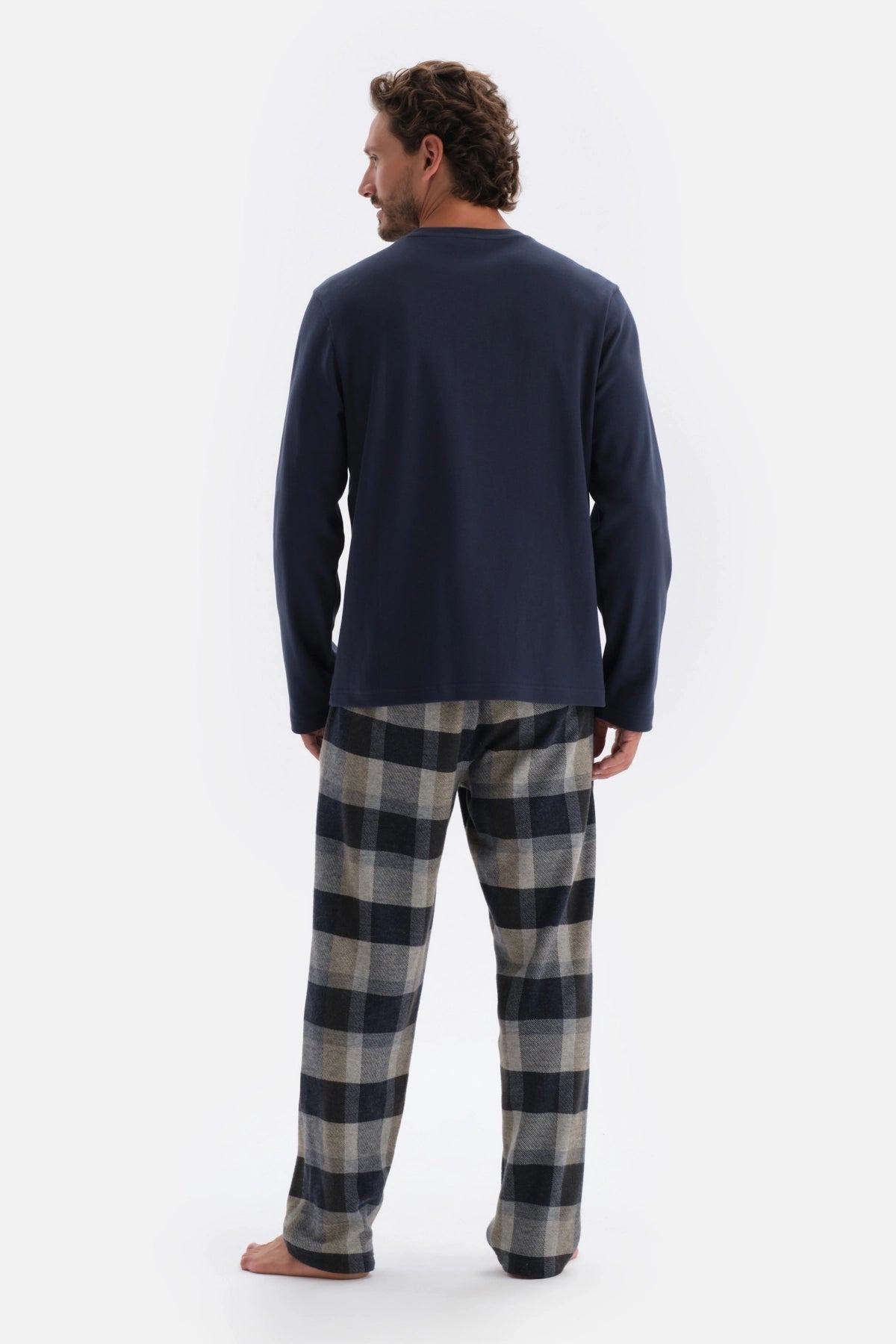 Lacivert Yarım Patlı Uzun Kollu Altı Dokuma Pijama Takımı