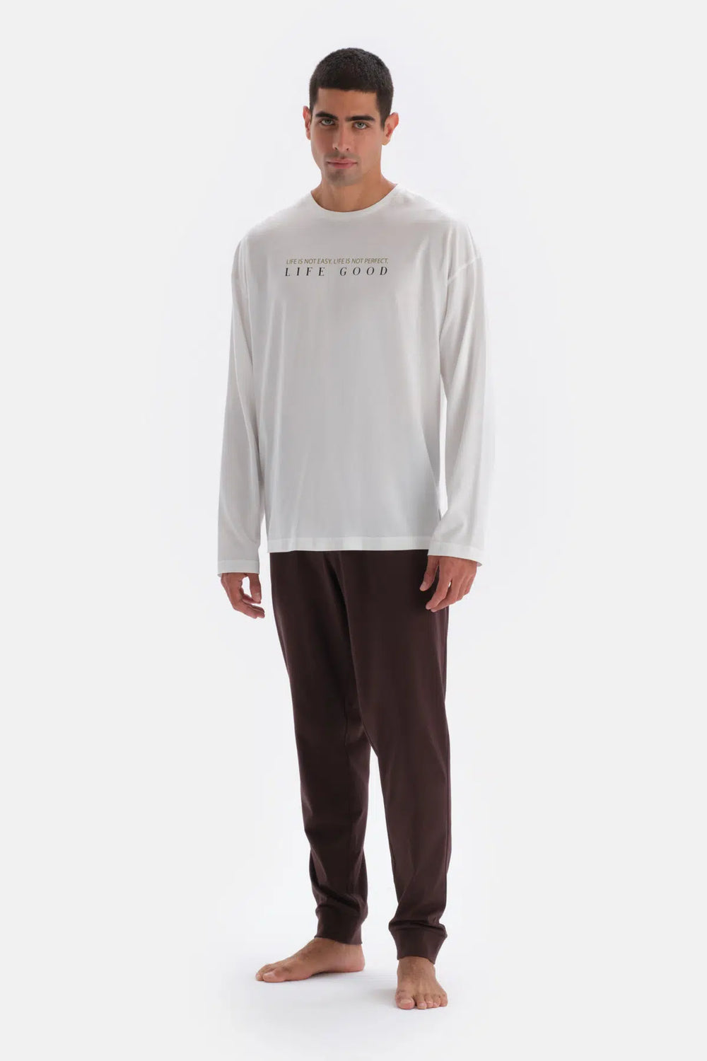 Ekru Baskı Detaylı Uzun Kollu Pamuk Modal Pijama Takımı