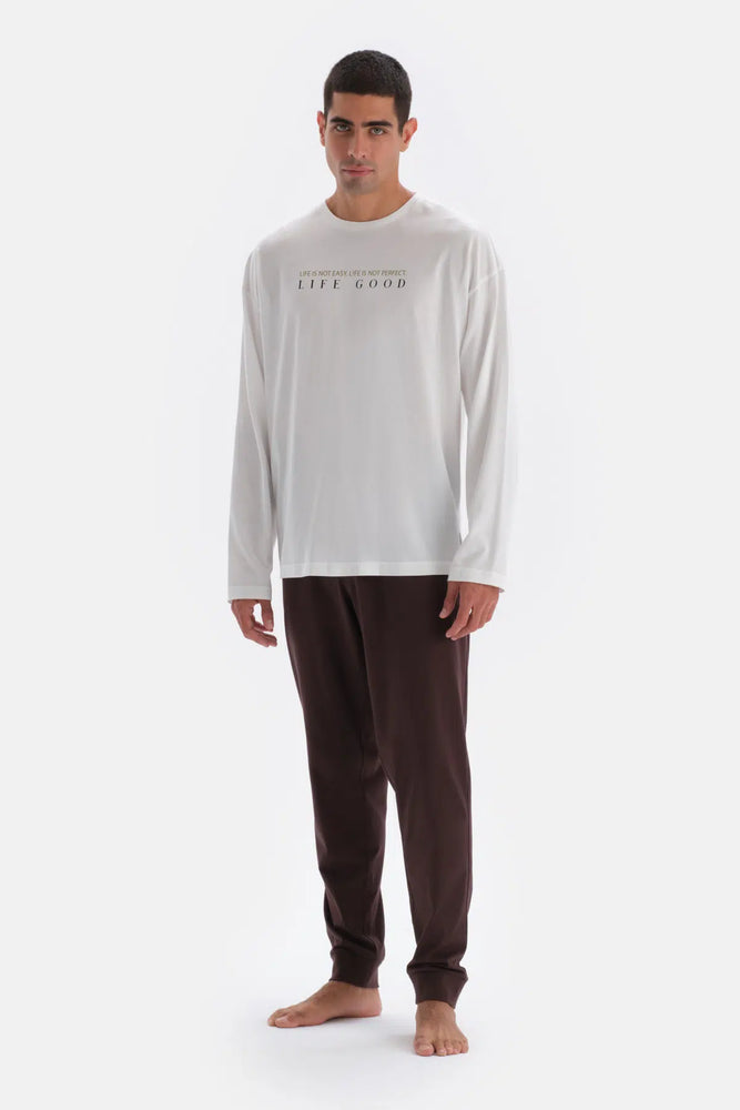 Ekru Baskı Detaylı Uzun Kollu Pamuk Modal Pijama Takımı