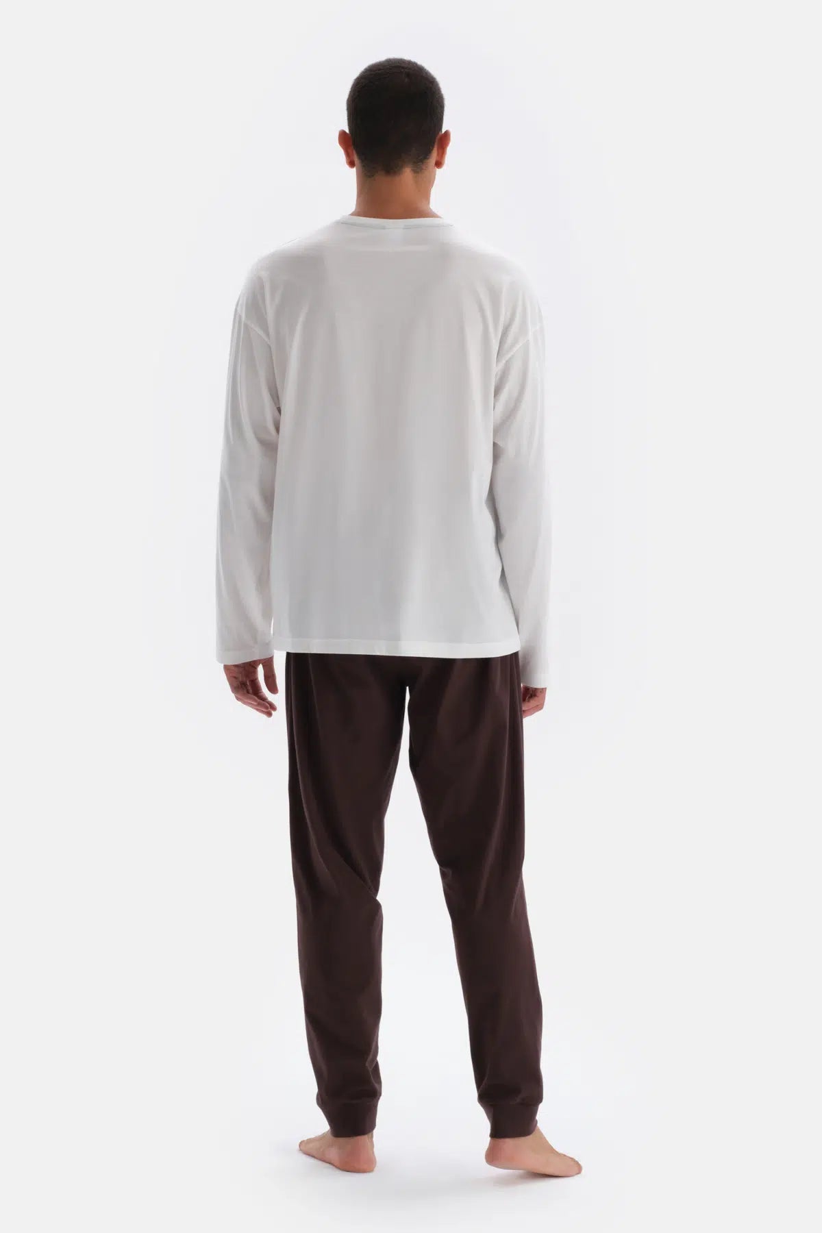 Ekru Baskı Detaylı Uzun Kollu Pamuk Modal Pijama Takımı