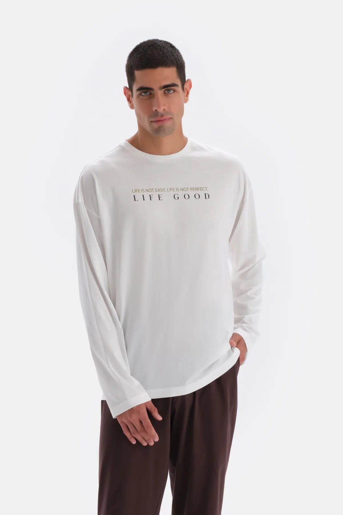 Ekru Baskı Detaylı Uzun Kollu Pamuk Modal Pijama Takımı