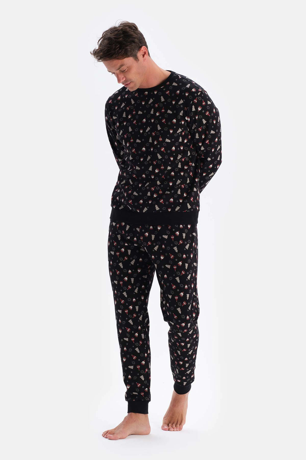 Siyah Metraj Baskılı Ipek Apre Interlok Pijama Takımı