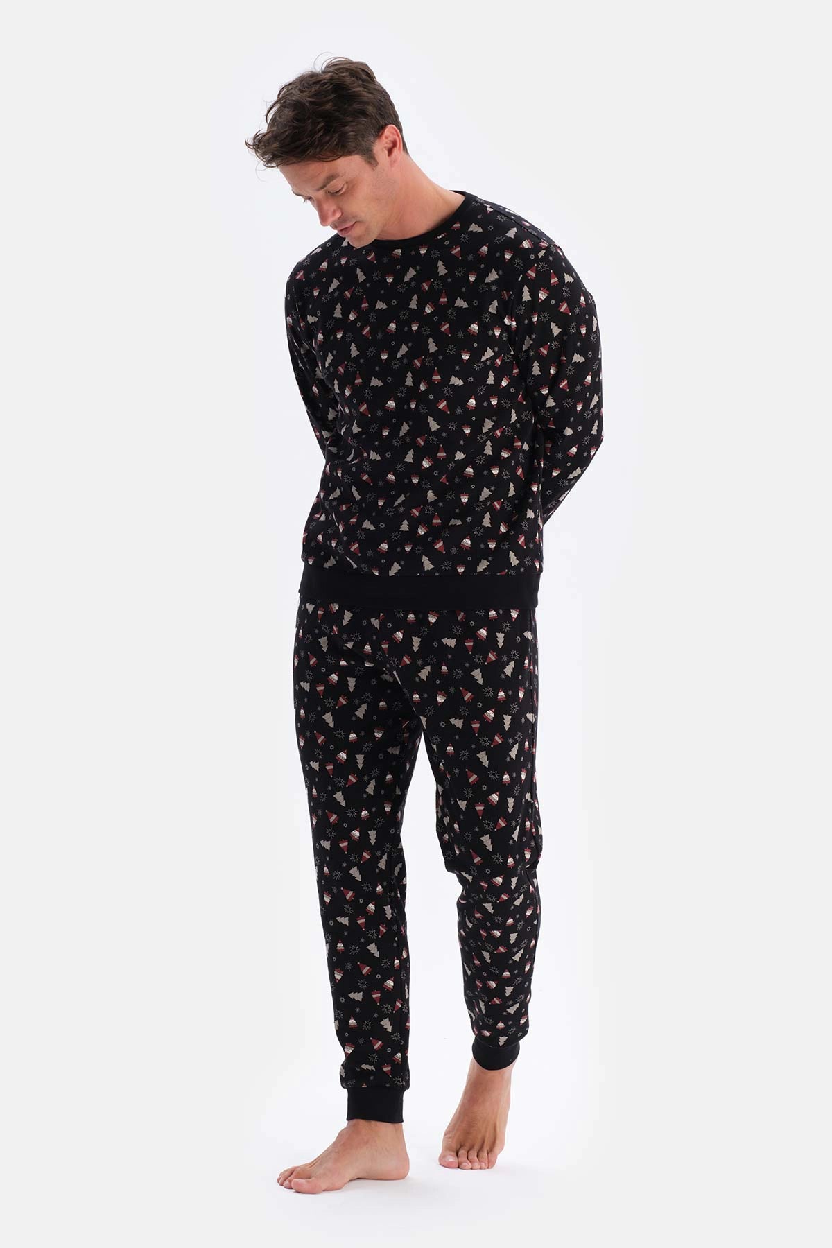 Siyah Metraj Baskılı Ipek Apre Interlok Pijama Takımı